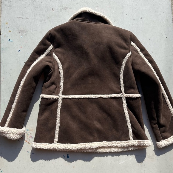 Women's LL Bean Jacket Brown Sherpa M Petite 60s Music BOHO Hippie Almost Famous - Picture 9 of 13